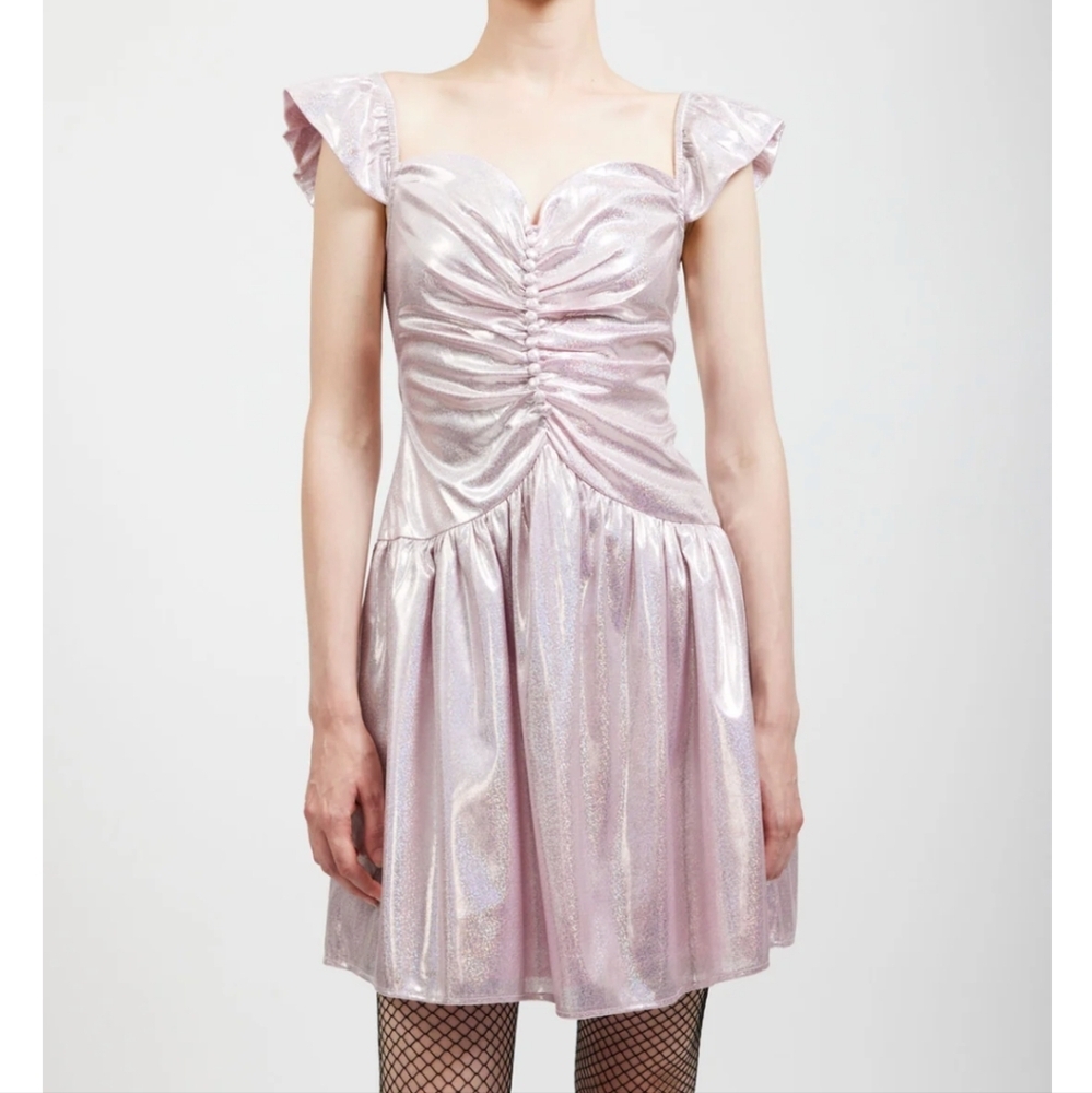 Batsheva Designer Shimmery Metallic Pink flutter sleeve sweetheart Dress size8/4